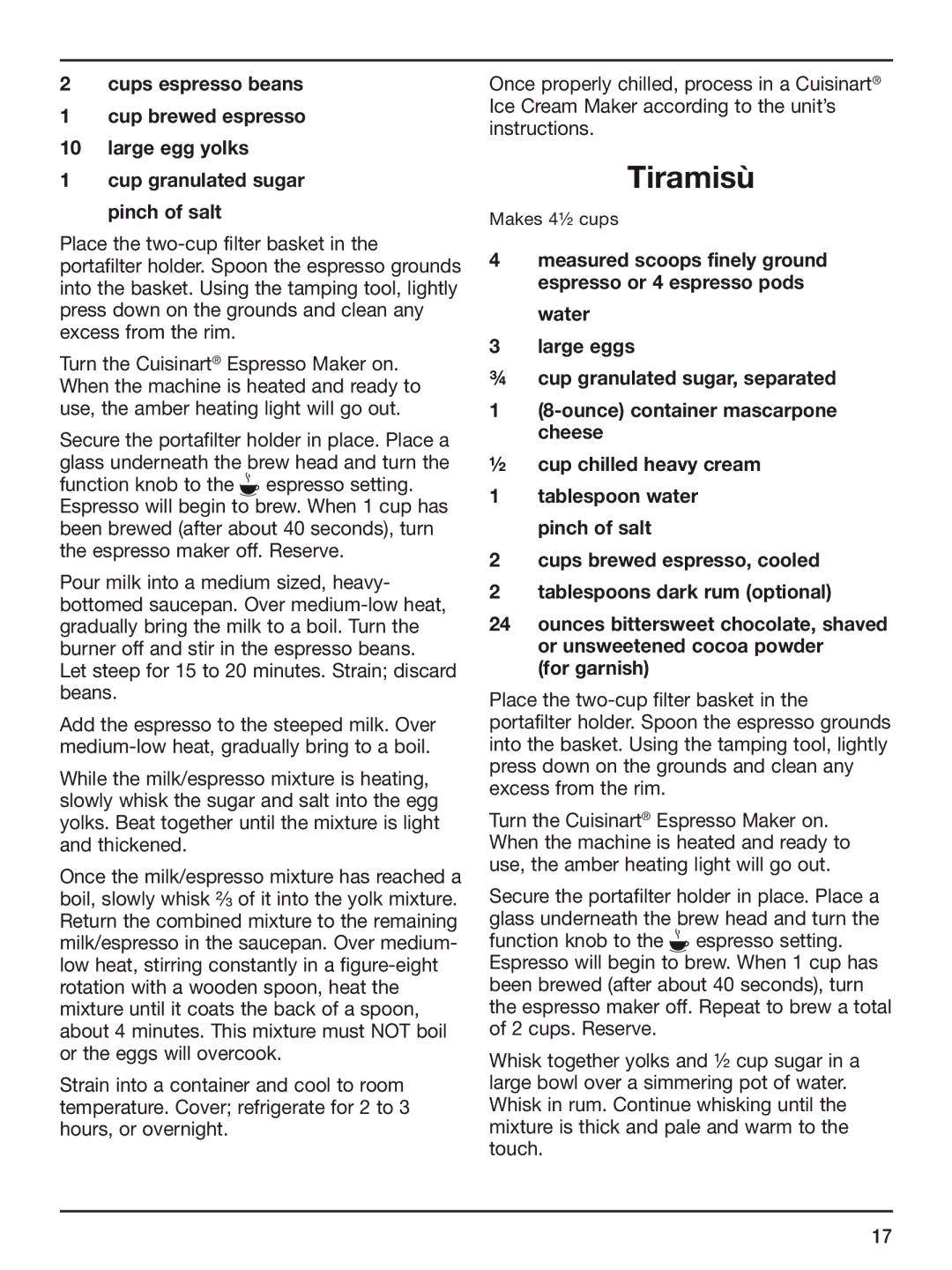 Cuisinart CUI EM-100 manual Tiramisù, For garnish 