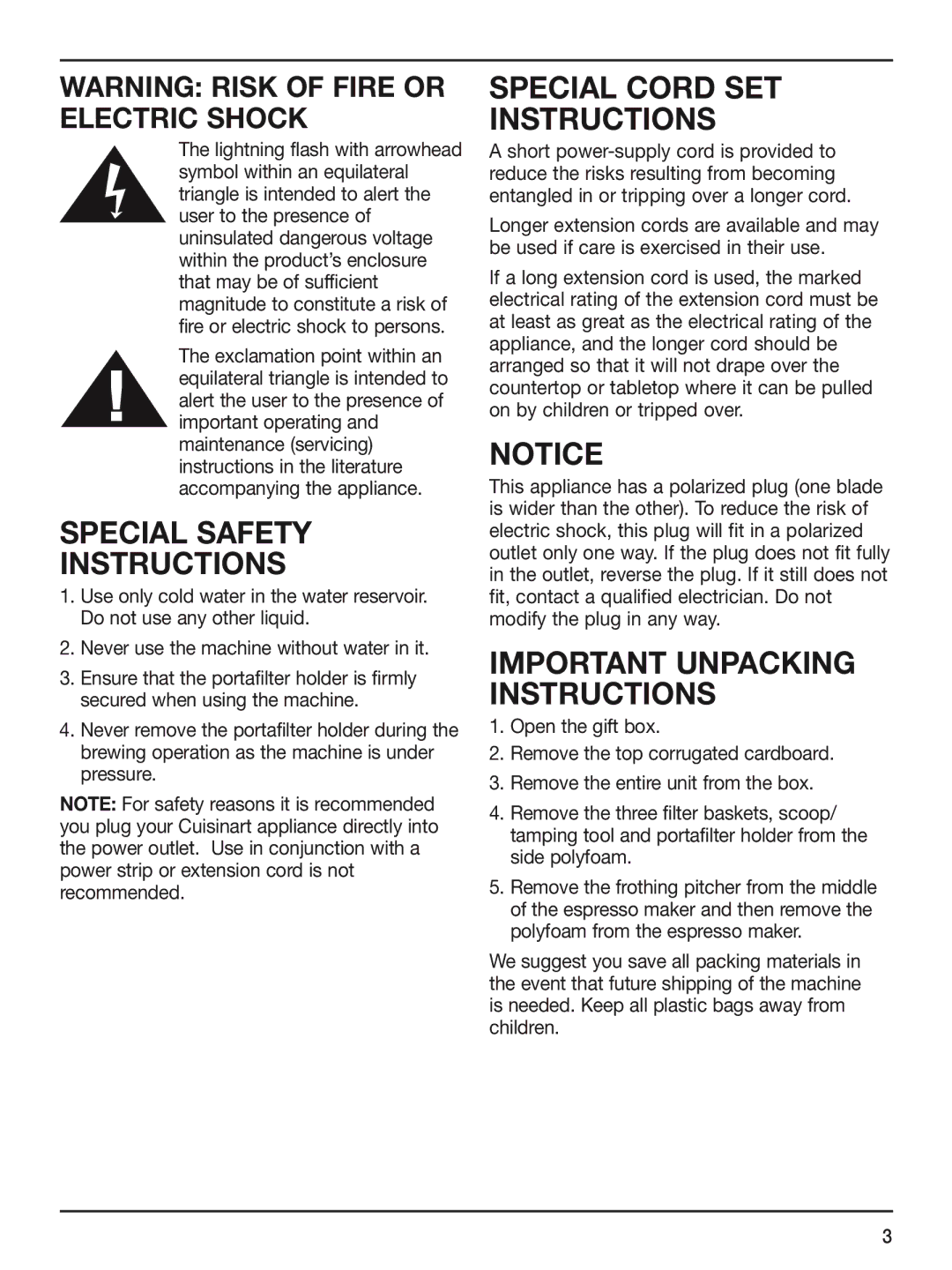 Cuisinart CUI EM-100 manual Special Safety Instructions, IMPORtant Unpacking Instructions 