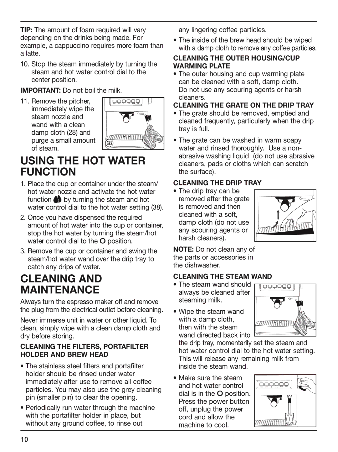 Cuisinart em-200 manual Using the HOT Water Function, Cleaning Maintenance, Cleaning the Drip Tray tThe drip tray can be 