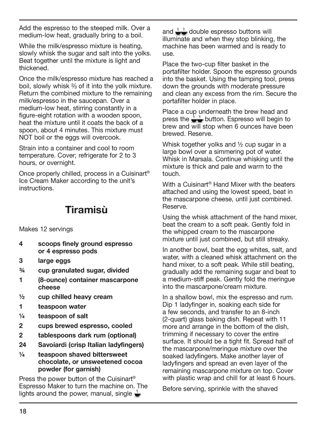 Cuisinart CUI EM-200, em-200 manual Tiramisù, Makes 12 servings, Before serving, sprinkle with the shaved 