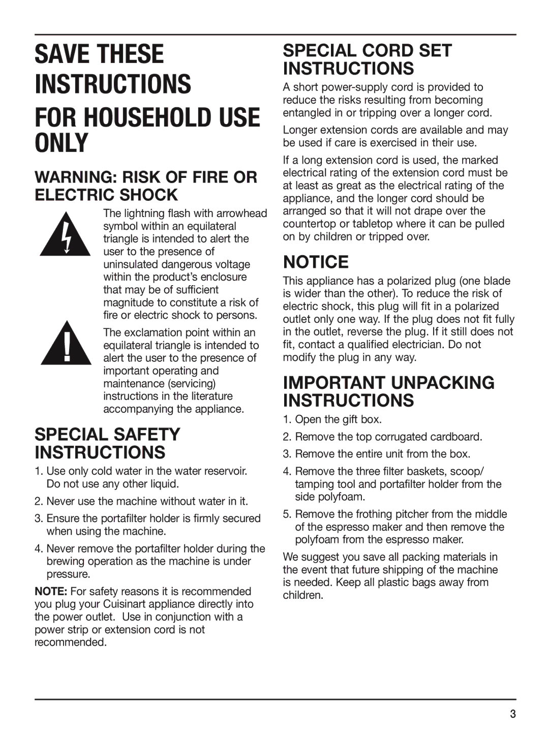 Cuisinart CUI EM-200, em-200 Special Safety Instructions, Special Cord SET Instructions, Important Unpacking Instructions 