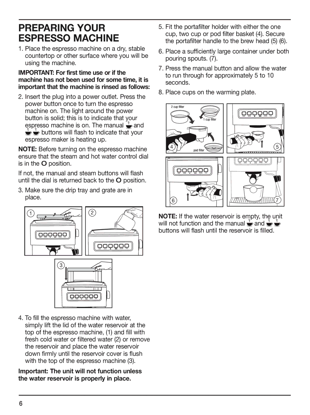 Cuisinart CUI EM-200, em-200 manual Preparing Your Espresso Machine, Make sure the drip tray and grate are in place 