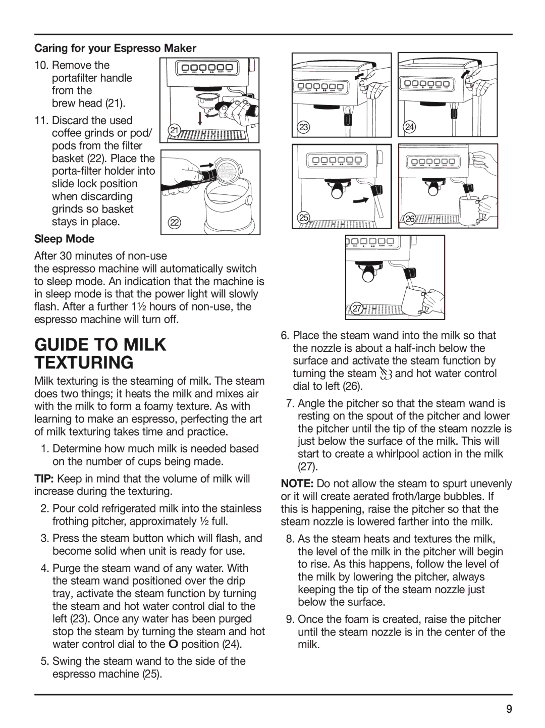 Cuisinart CUI EM-200 Guide to Milk Texturing, Caring for your Espresso Maker, Sleep Mode, After 30 minutes of non-use 