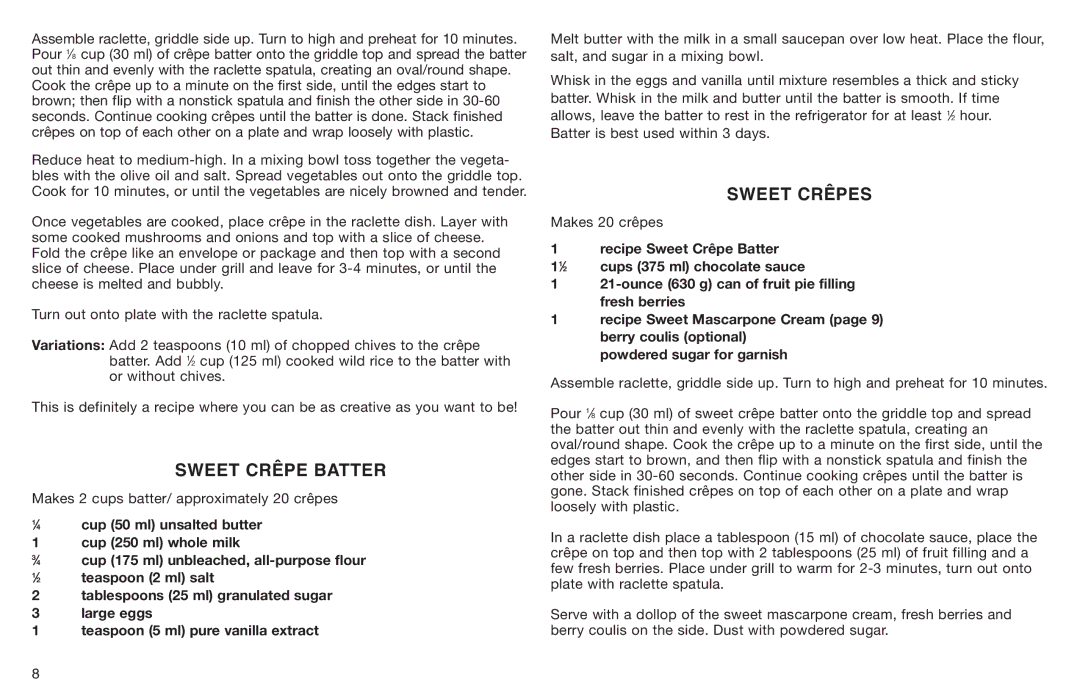 Cuisinart Cuisinart, CR-8 manual Sweet Crêpe Batter, Sweet Crêpes 