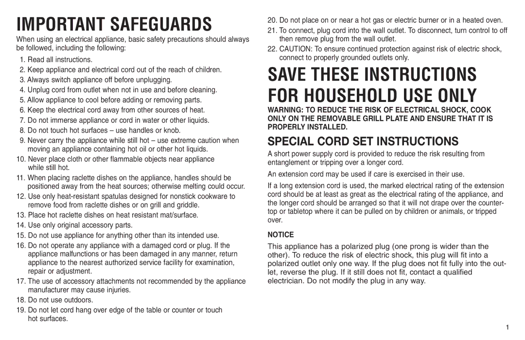 Cuisinart CR-8, Cuisinart manual Important Safeguards, Special Cord SET Instructions 