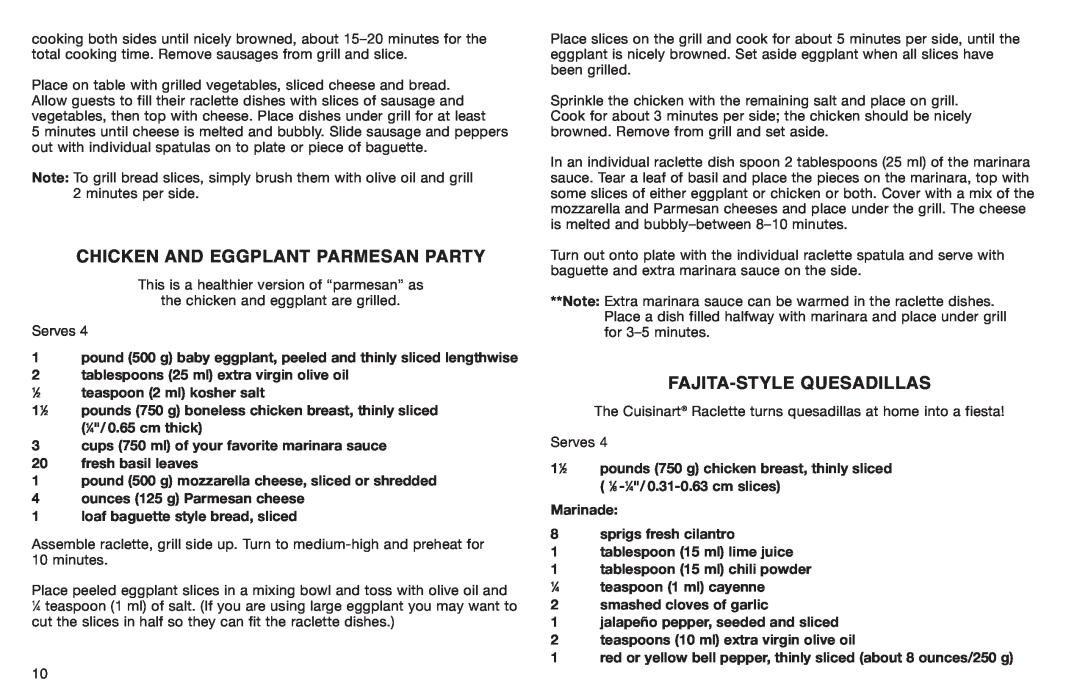 Cuisinart Cuisinart, CR-8 manual Chicken And Eggplant Parmesan Party, Fajita-Style Quesadillas 
