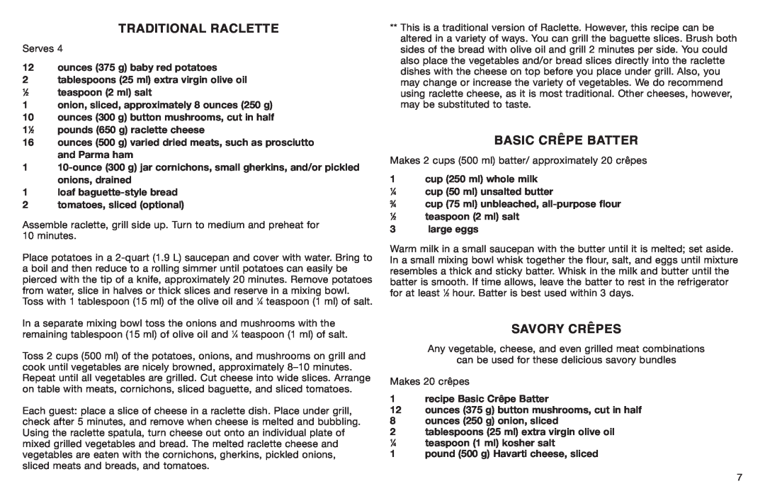 Cuisinart CR-8, Cuisinart manual Traditional Raclette, Basic Crêpe Batter, Savory Crêpes 