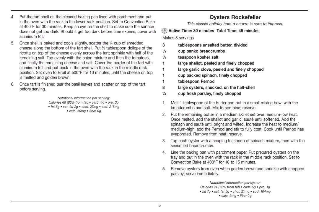 Cuisinart CSO-300 Oysters Rockefeller, Active Time 30 minutes Total Time 45 minutes, Nutritional information per oyster 