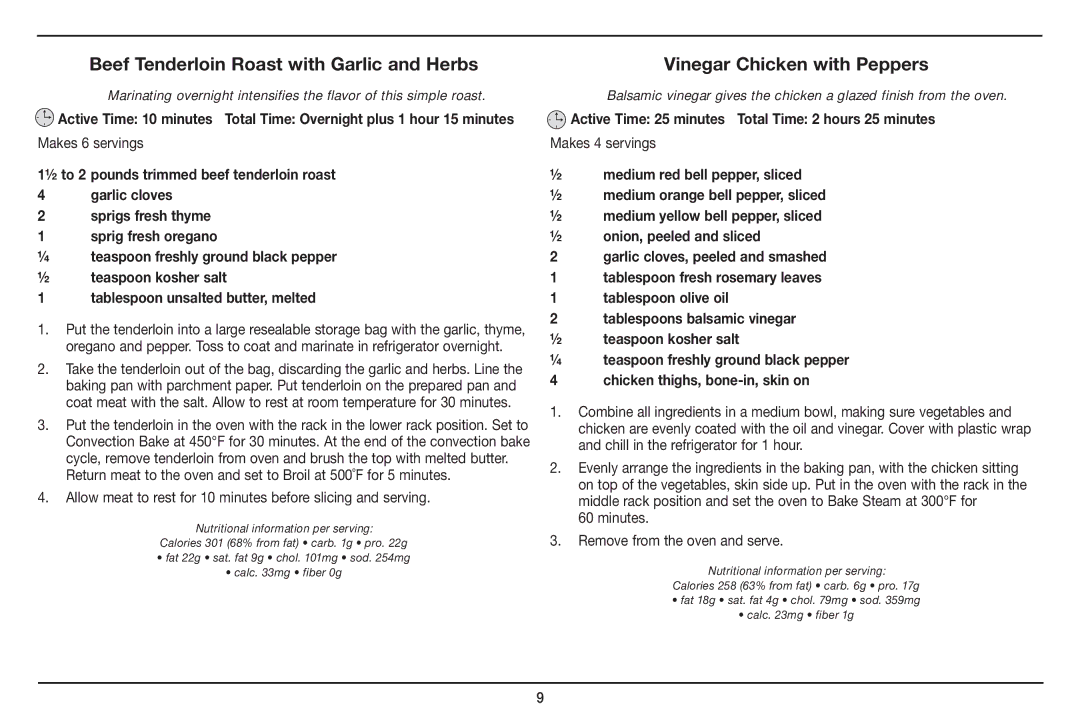 Cuisinart CSO-300, Cuisinart manual Beef Tenderloin Roast with Garlic and Herbs, Vinegar Chicken with Peppers 