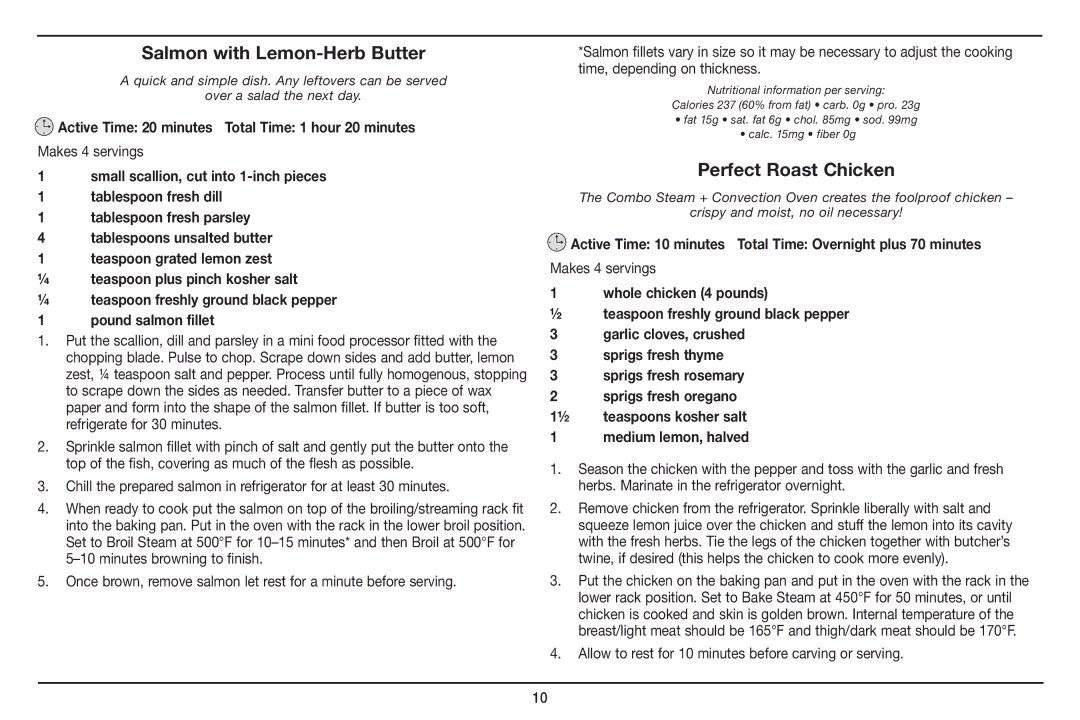 Cuisinart Cuisinart, CSO-300 manual Salmon with Lemon-Herb Butter, Perfect Roast Chicken 