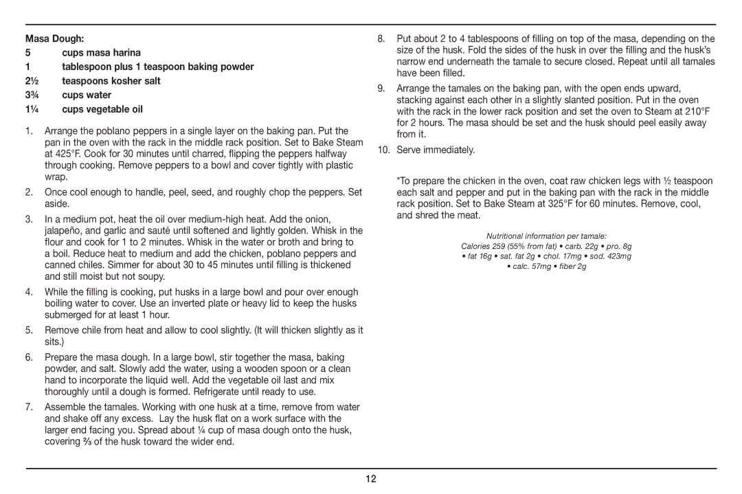 Cuisinart Cuisinart, CSO-300 manual Nutritional information per tamale 