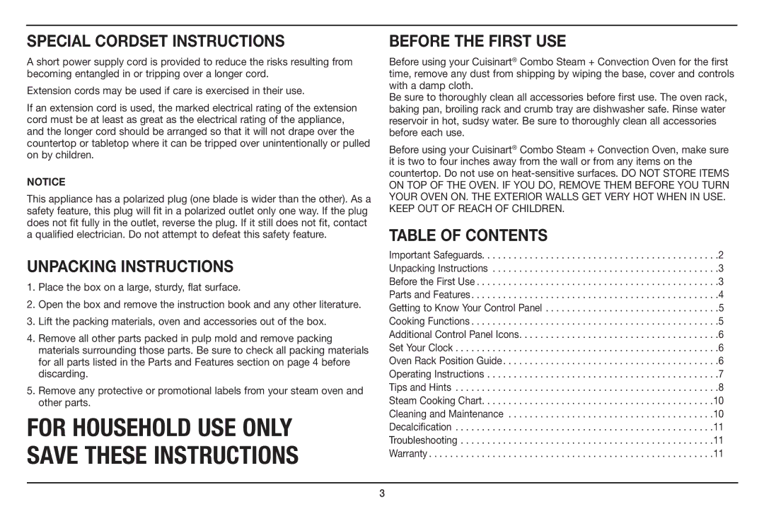 Cuisinart CSO-300, Cuisinart Special Cordset Instructions, Unpacking Instructions, Before the First USE, Table of Contents 