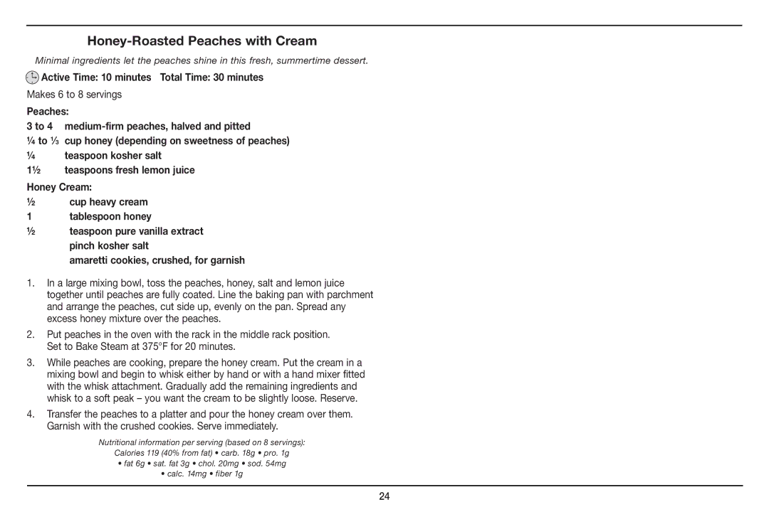 Cuisinart Cuisinart, CSO-300 manual Honey-Roasted Peaches with Cream, Makes 6 to 8 servings 