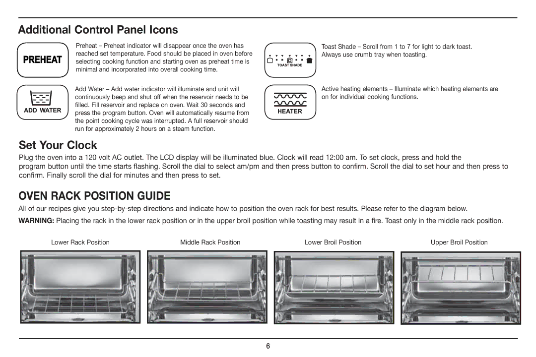 Cuisinart Cuisinart, CSO-300 manual Additional Control Panel Icons, Oven Rack Position Guide 