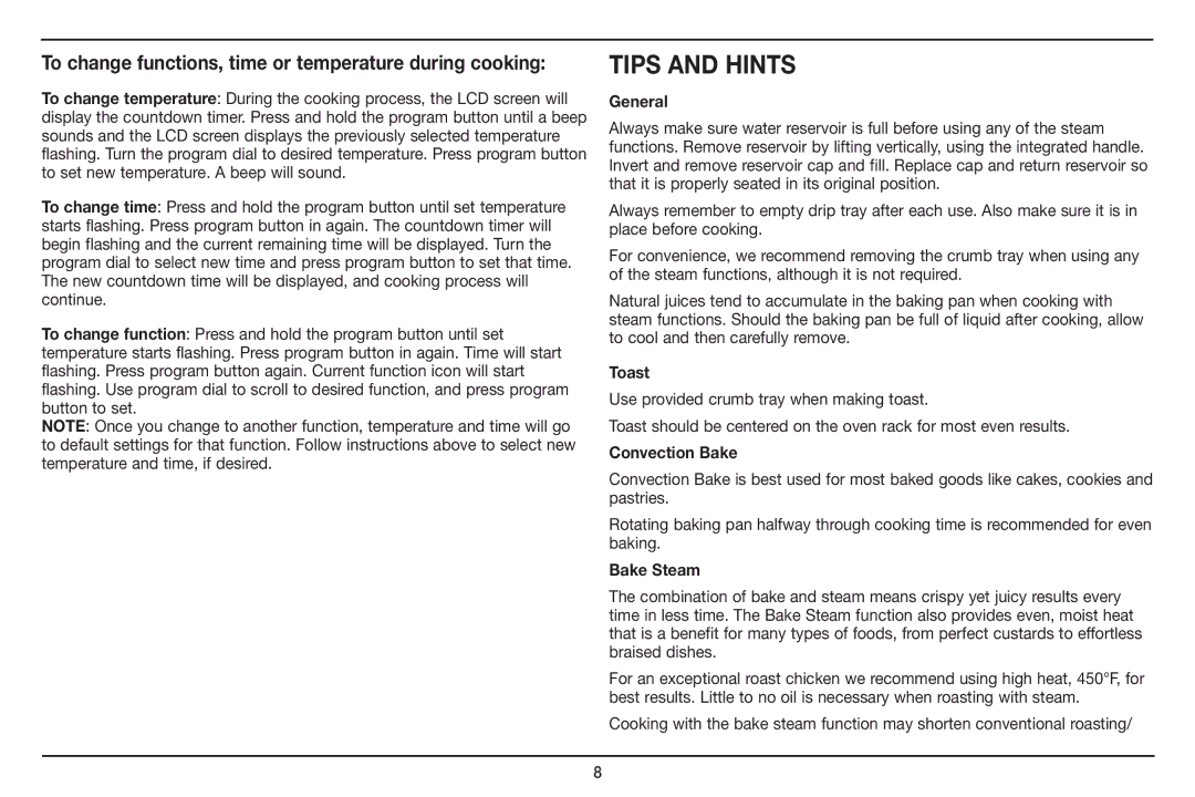 Cuisinart Cuisinart, CSO-300 manual Tips and Hints, To change functions, time or temperature during cooking 