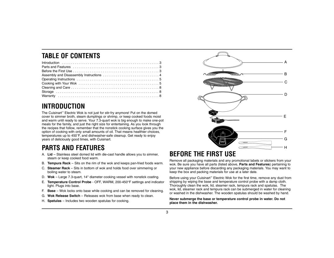 Cuisinart WOK-703, Cuisinart Electric Wok manual Table of Contents, Introduction, Parts and Features, Before the First USE 