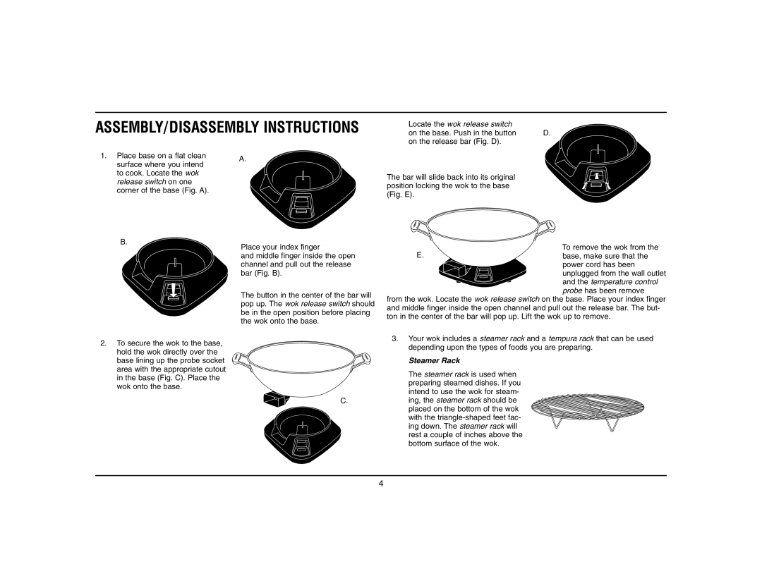 Cuisinart Cuisinart Electric Wok, WOK-703 manual ASSEMBLY/DISASSEMBLY Instructions, Locate the wok release switch 