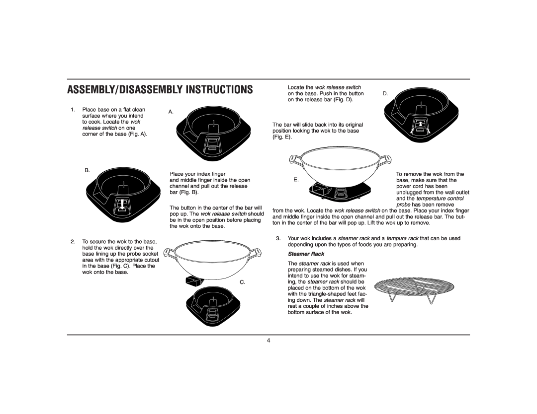 Cuisinart Cuisinart Electric Wok, WOK-703 Assembly/Disassembly Instructions, Locate the wok release switch, Steamer Rack 