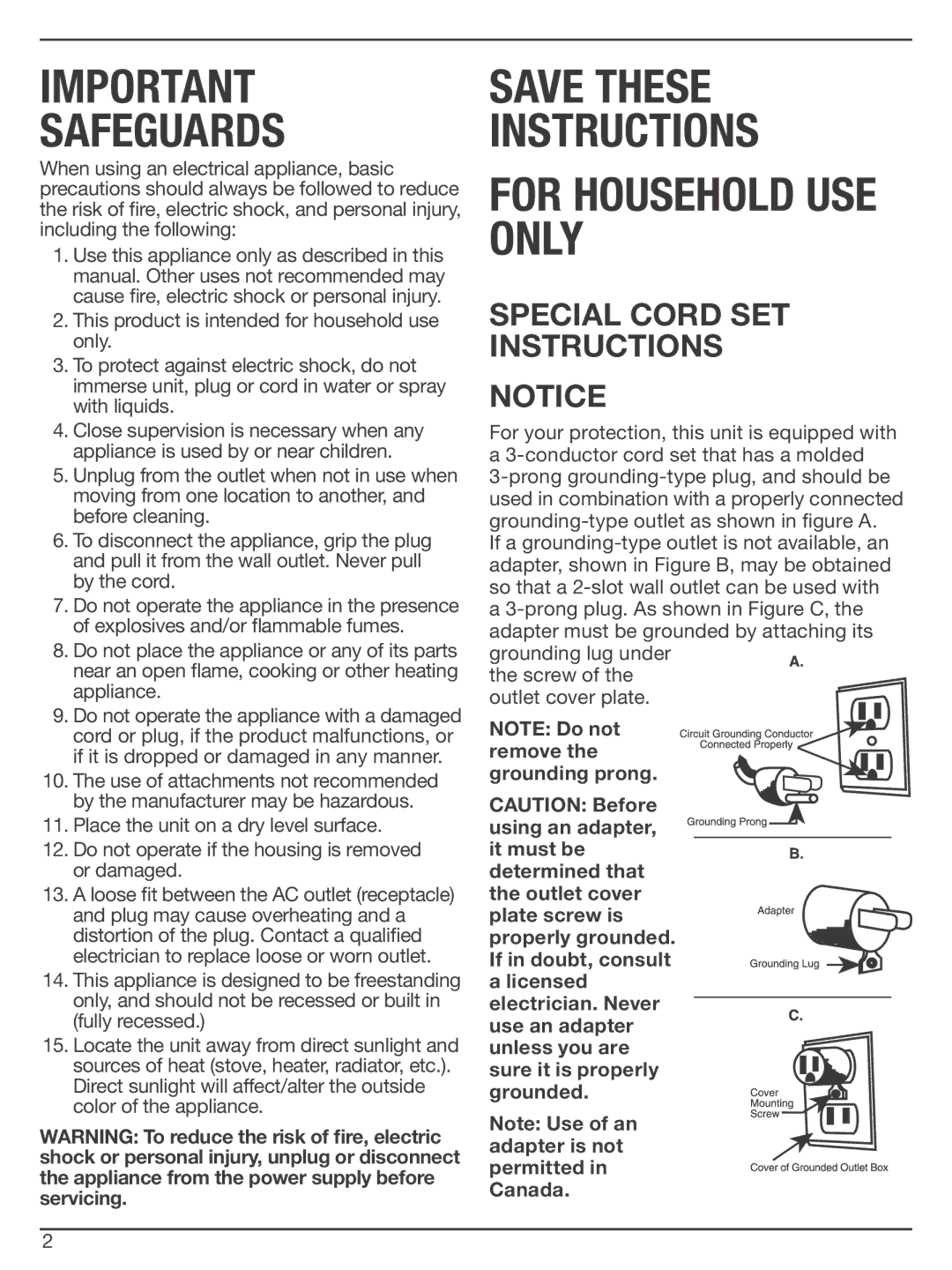 Cuisinart CWC-1200 manual Safeguards, Special Cord SET Instructions 