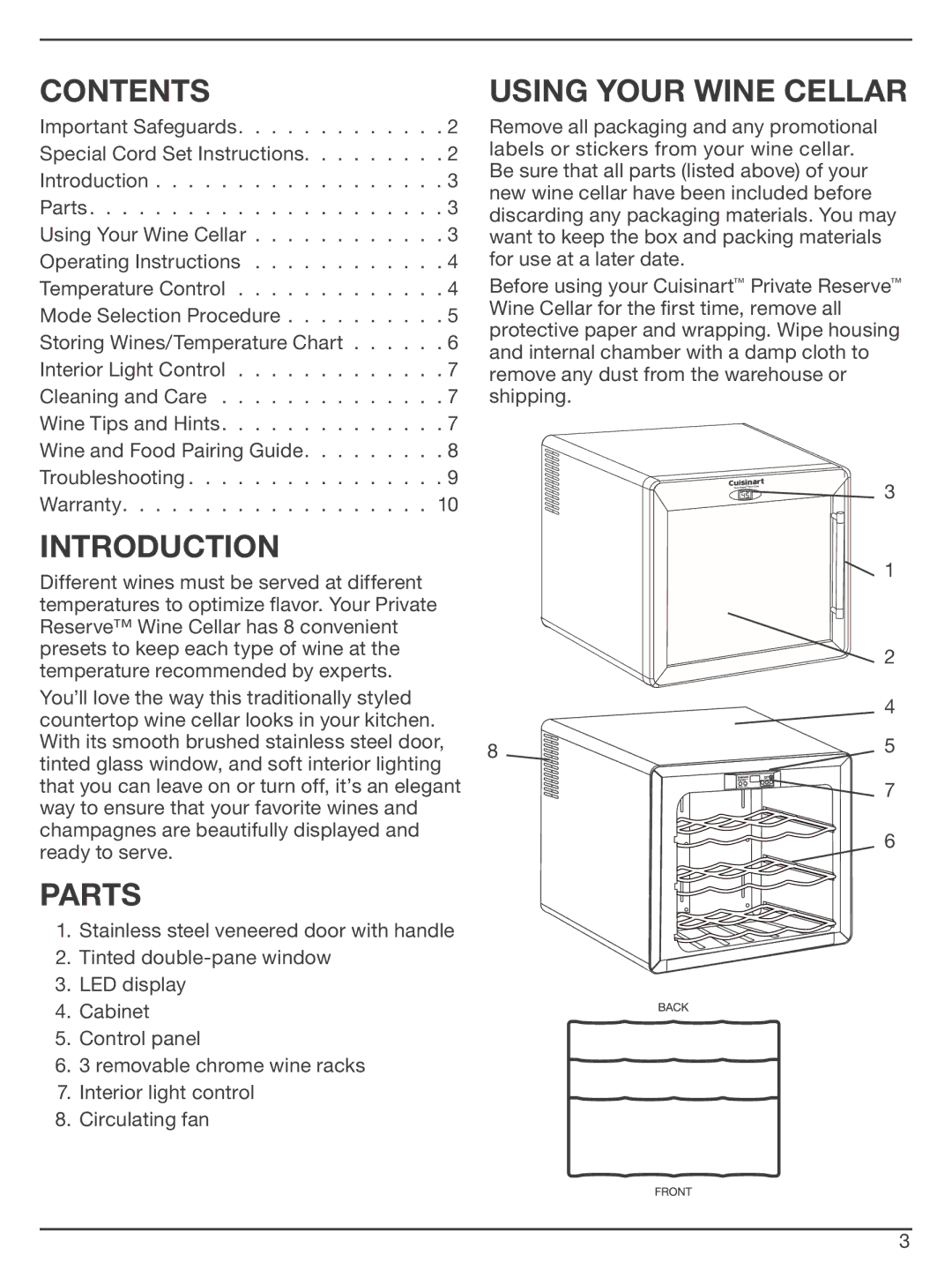 Cuisinart CWC-1200 manual Contents, Introduction, Parts, Using Your Wine Cellar 