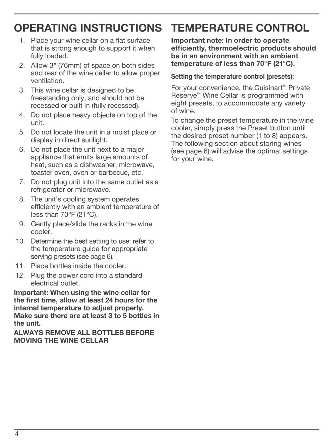 Cuisinart CWC-1200 manual Operating Instructions, Temperature Control 