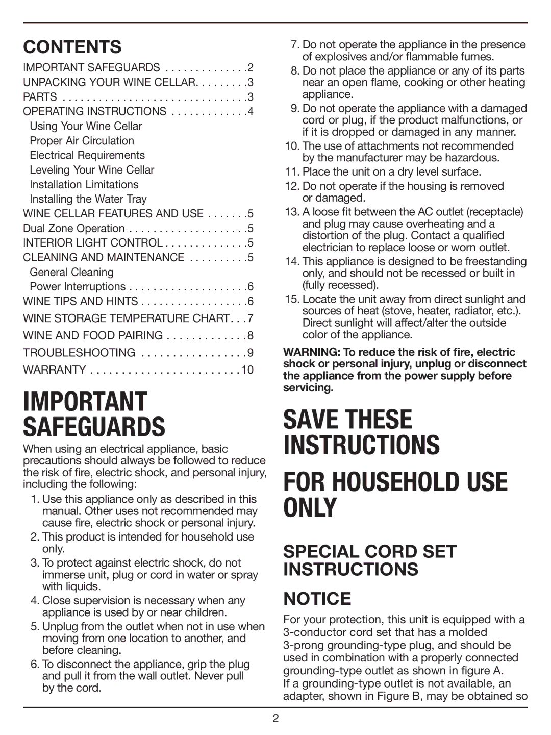 Cuisinart CWC-1200DZ, Dual Zone Private Reserve Wine Cellar manual Contents, Special Cord SET Instructions 