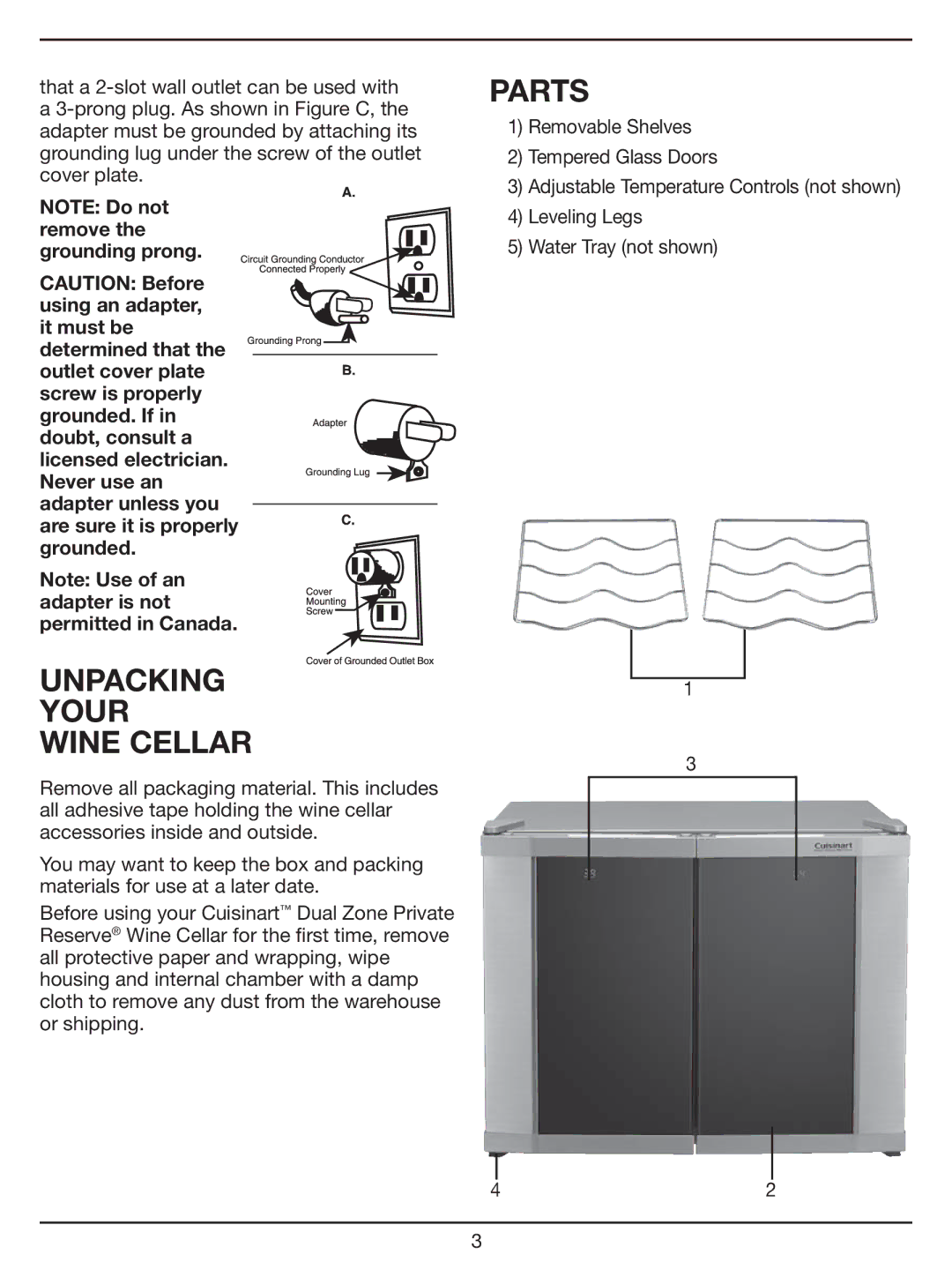 Cuisinart Dual Zone Private Reserve Wine Cellar, CWC-1200DZ manual Unpacking Your Wine Cellar, Parts 