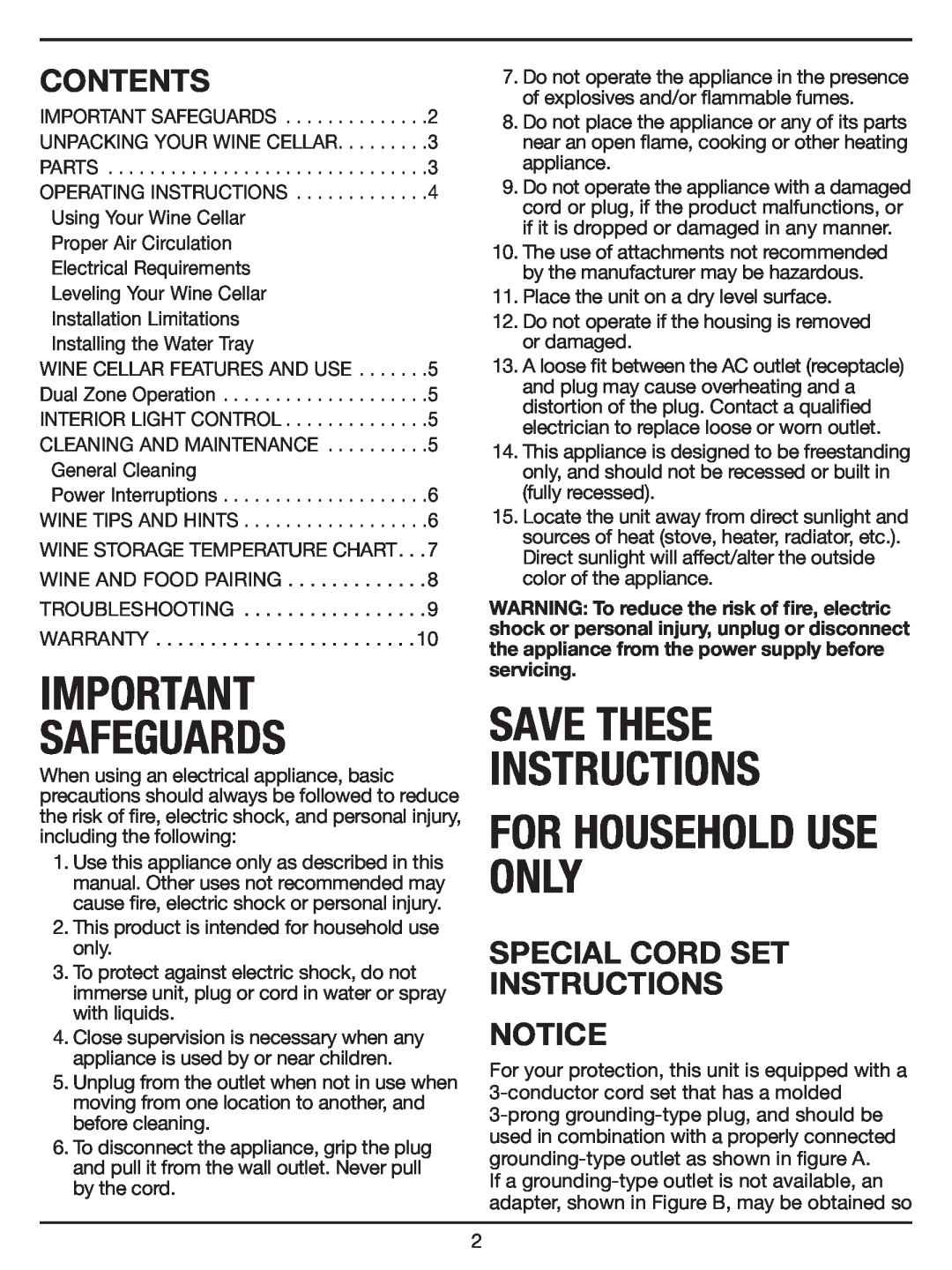 Cuisinart CWC-1200DZ Contents, Special Cord Set Instructions, Safeguards, For Household Use Only, Save These Instructions 