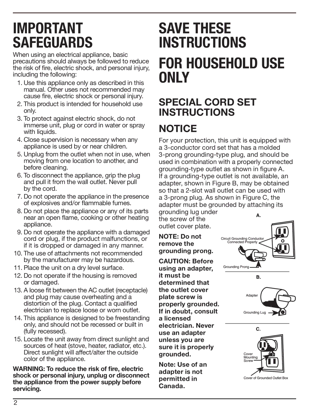 Cuisinart CWC-1600 manual Safeguards, Special Cord SET Instructions 