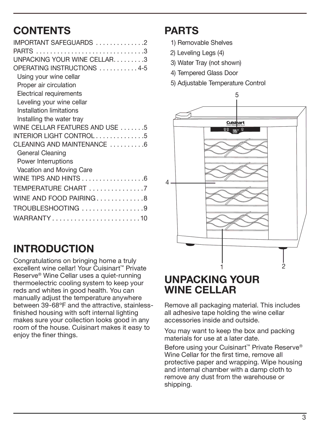 Cuisinart CWC-1600 manual Contents, Introduction, Parts, Unpacking Your Wine Cellar 