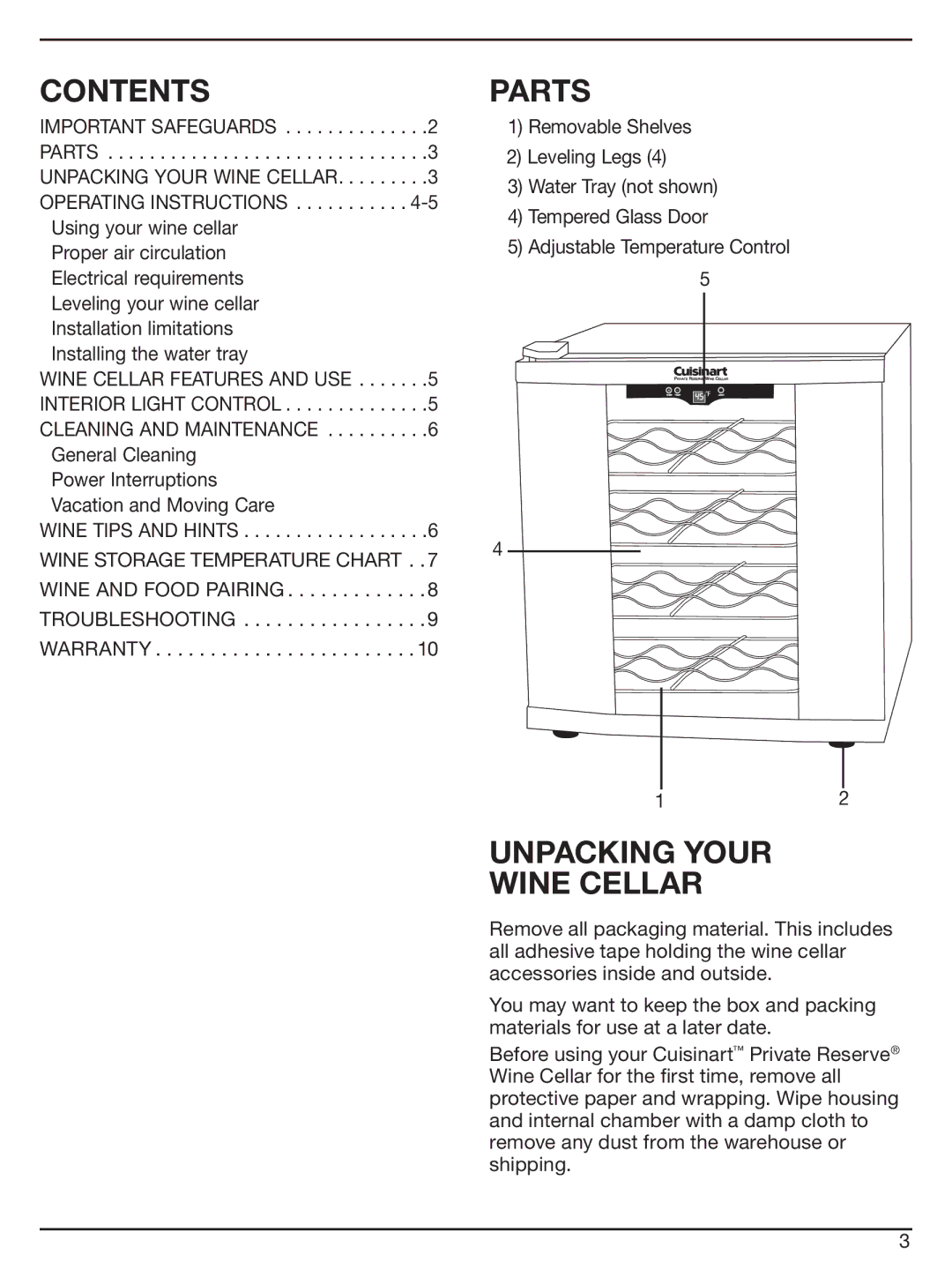 Cuisinart CWC-1600 manual Contents, Parts, Unpacking Your Wine Cellar 