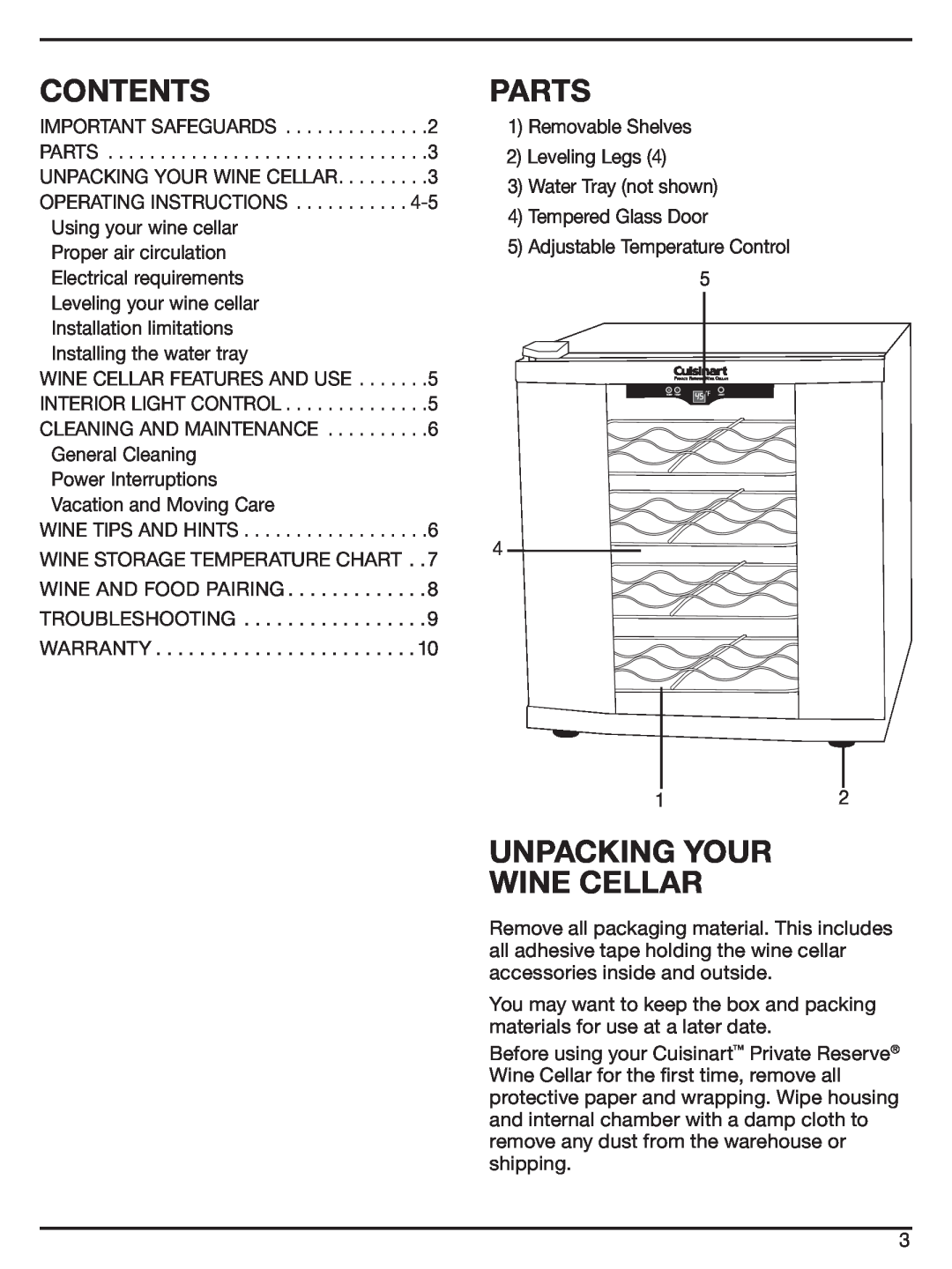 Cuisinart CWC-1600 manual Contents, Parts, Unpacking Your Wine Cellar 