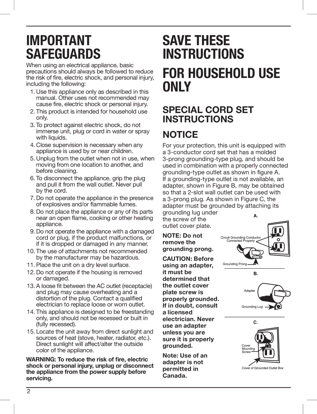 Cuisinart CWC-3200 manual Safeguards, Special Cord SET Instructions 