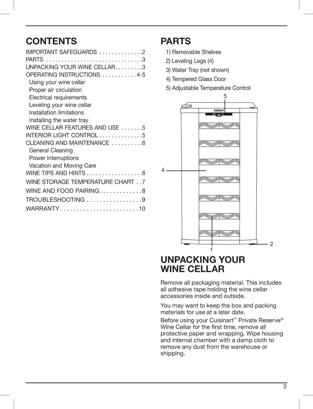 Cuisinart CWC-3200 manual Contents, Parts, Unpacking Your Wine Cellar 