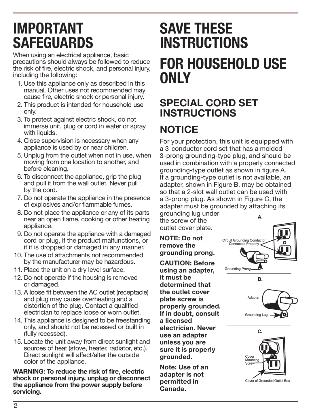 Cuisinart CWC-3200 manual Safeguards, Special Cord SET Instructions 