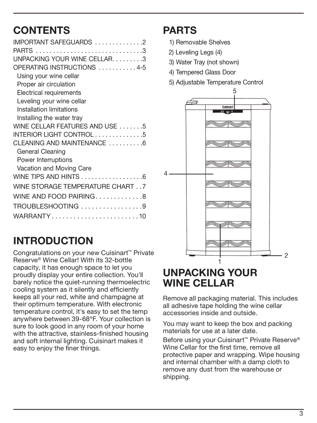 Cuisinart CWC-3200 manual Contents, Parts, Introduction, Unpacking Your Wine Cellar 