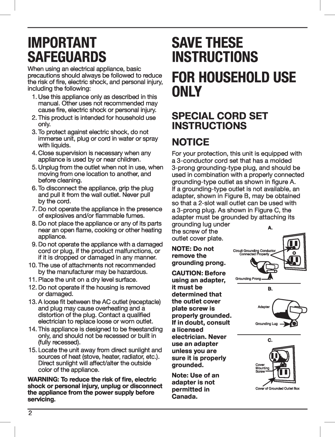 Cuisinart CWC-3200 manual Special Cord Set Instructions, Safeguards, For Household Use Only, Save These Instructions 