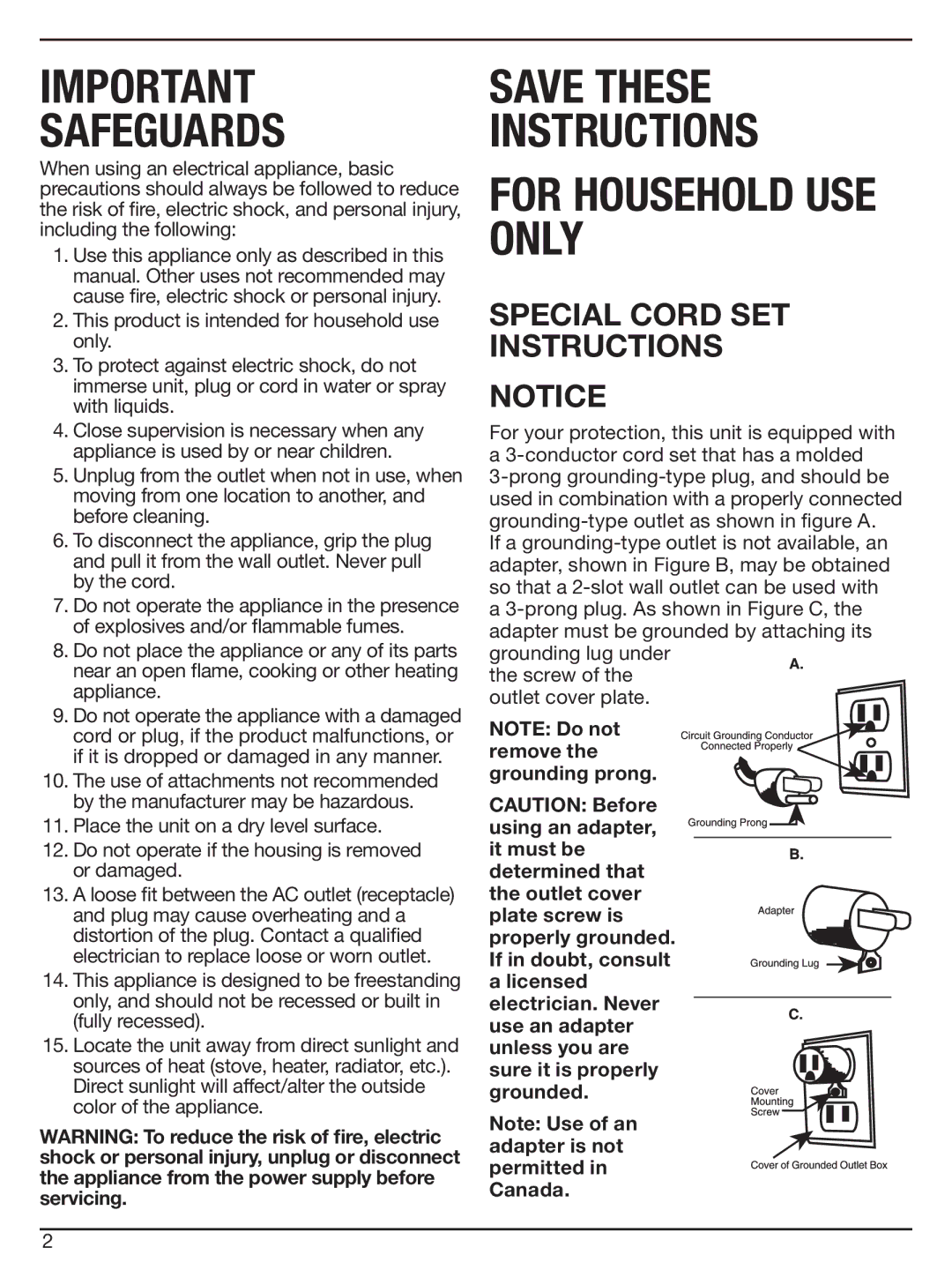 Cuisinart CWC-800 manual Safeguards, Special Cord SET Instructions 