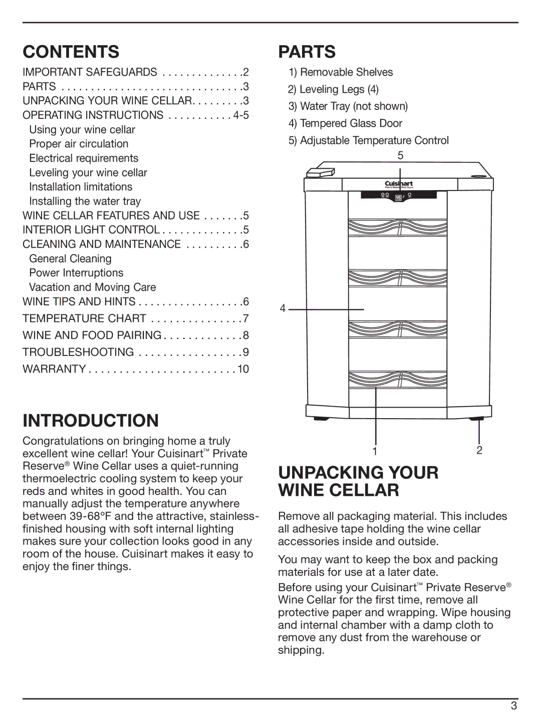 Cuisinart CWC-800 manual Contents, Introduction, Parts, Unpacking Your Wine Cellar 