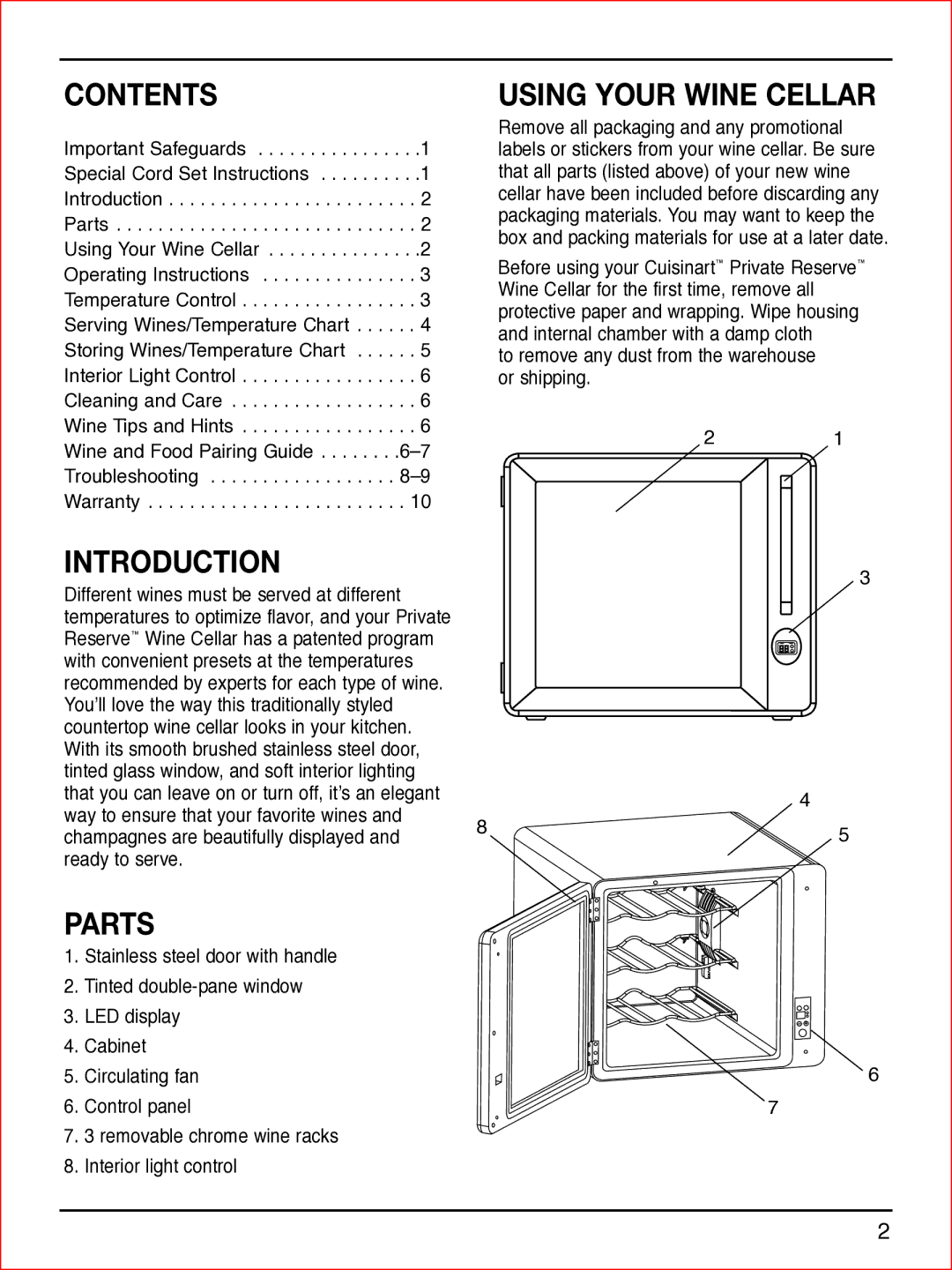 Cuisinart CWC-900C manual Contents, Introduction, Parts, Using Your Wine Cellar 