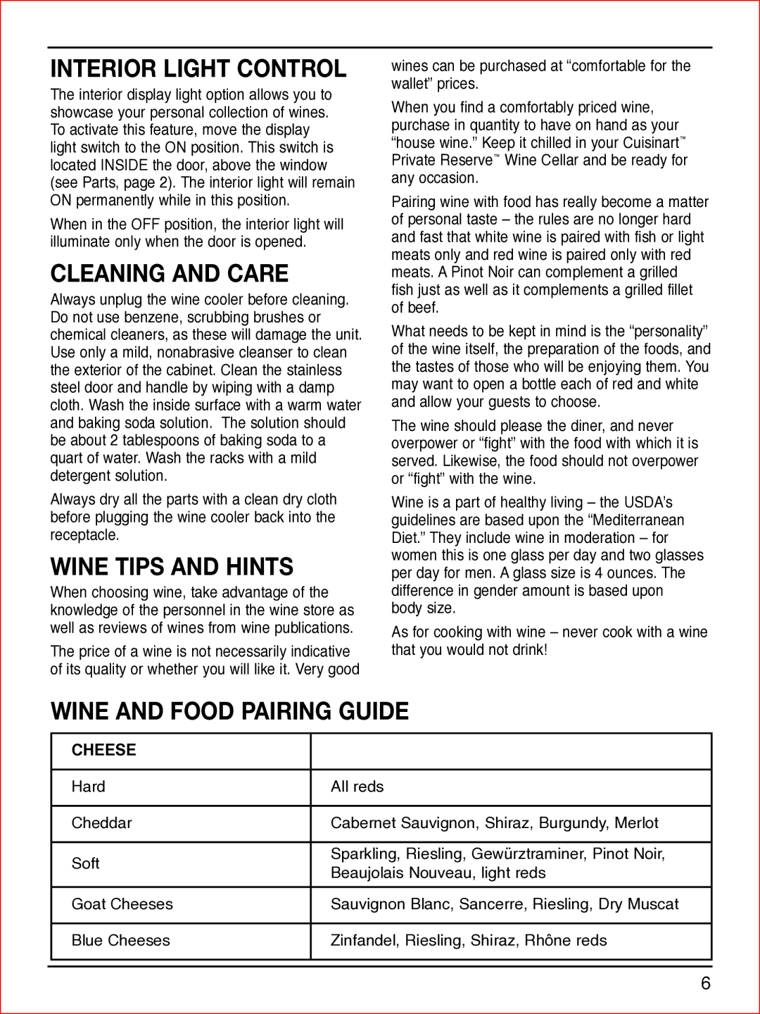 Cuisinart CWC-900 Interior Light Control, Cleaning and Care, Wine Tips and Hints, Wine and Food Pairing Guide, Cheese 