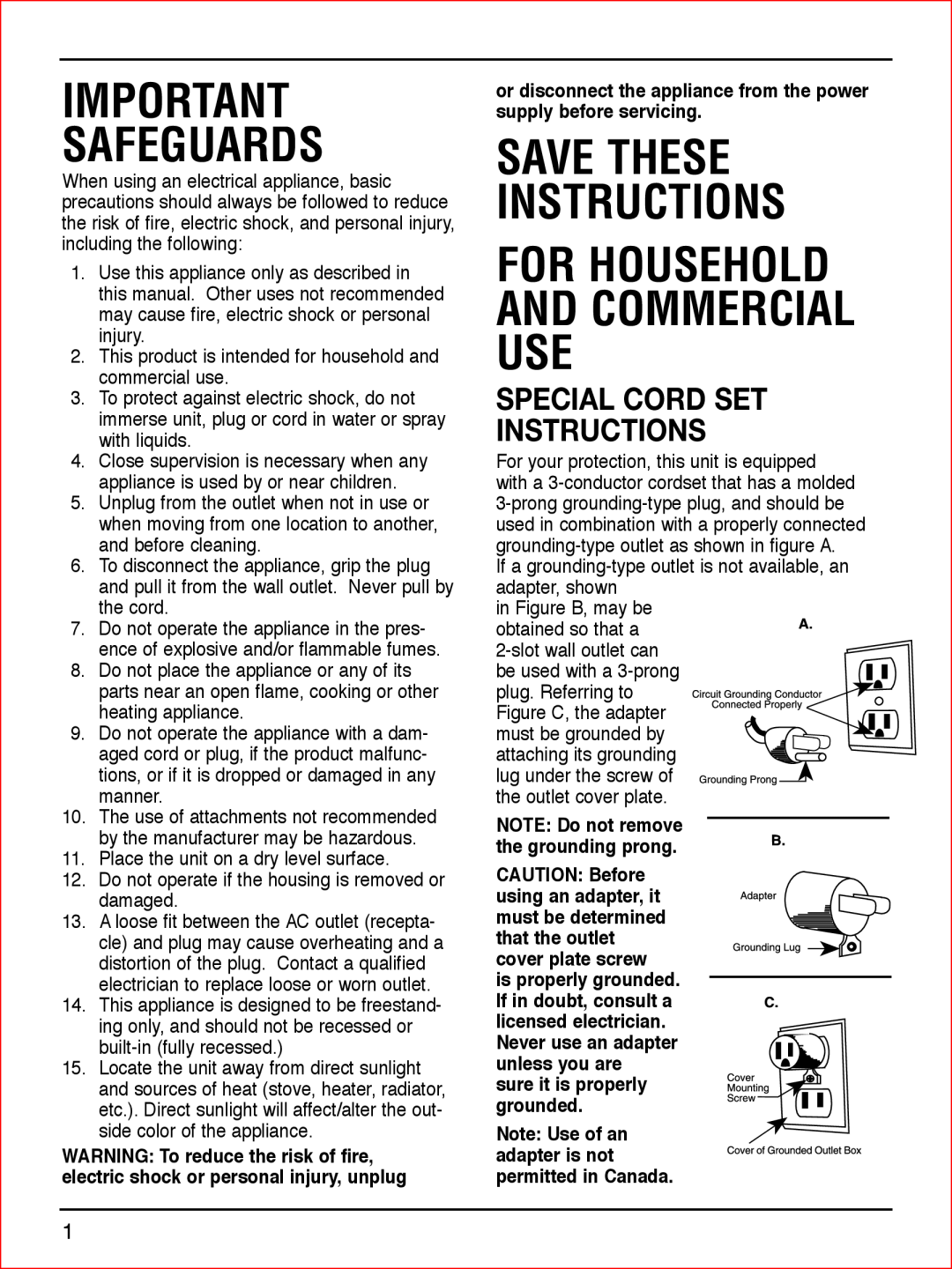 Cuisinart CWC-900C Special Cord Set Instructions, Safeguards, Save These Instructions For Household And Commercial Use 