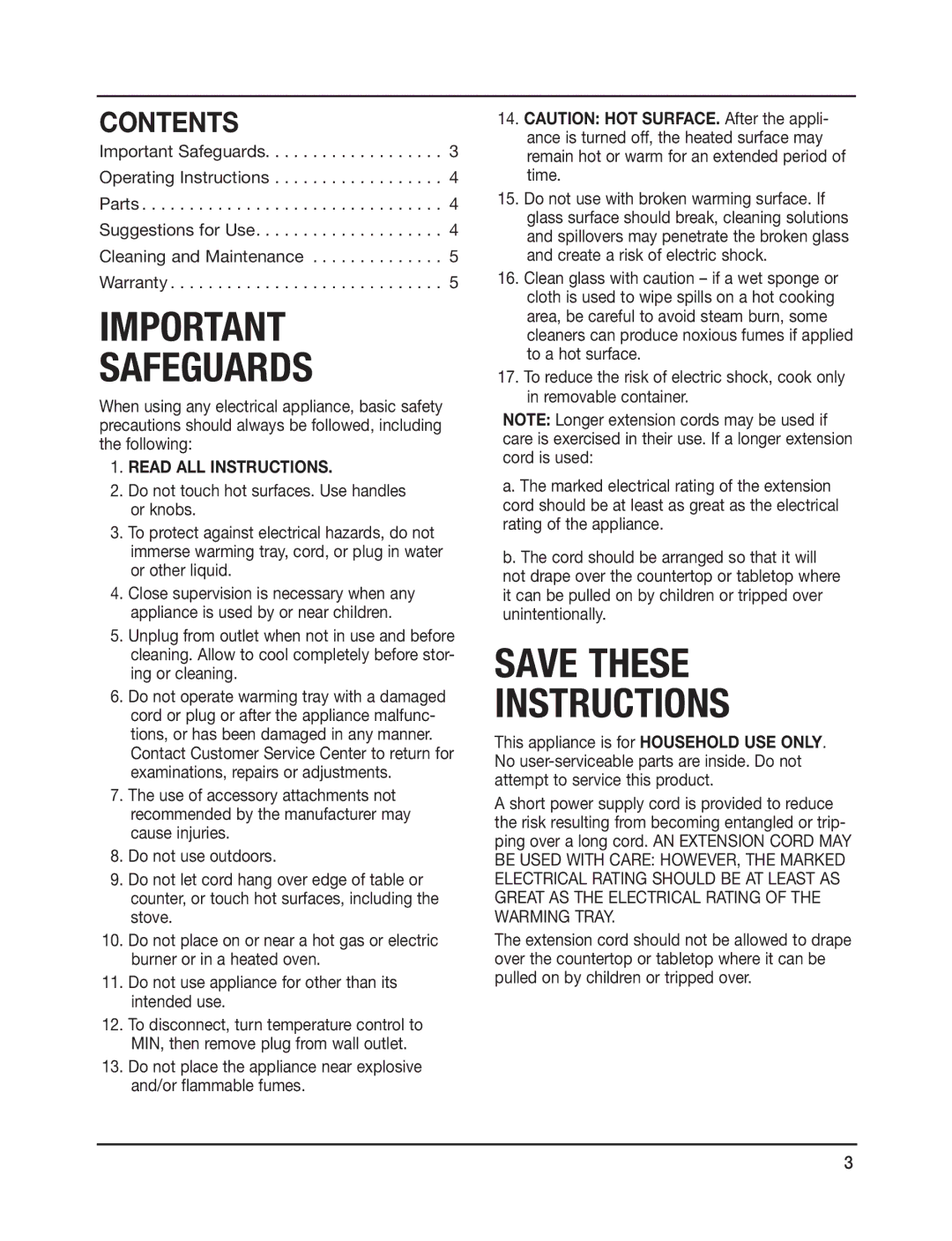 Cuisinart CWT-240 manual Save These Instructions, Contents 