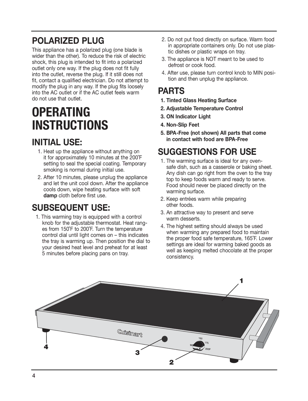 Cuisinart CWT-240 manual Operating Instructions, Polarized Plug, Parts, Suggestions for USE 