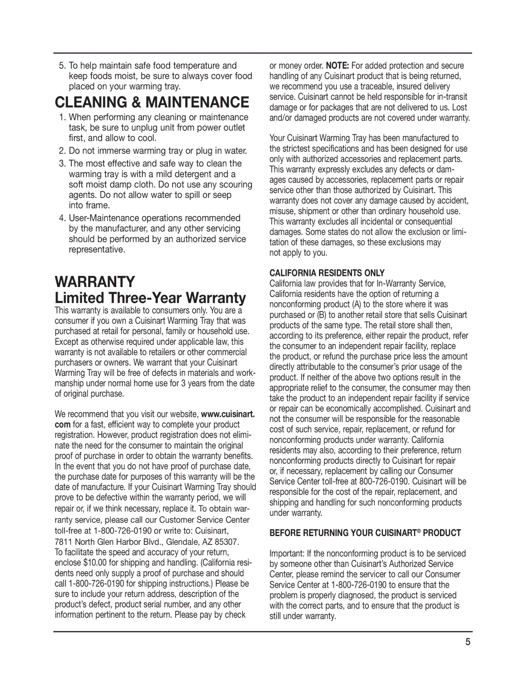 Cuisinart CWT-240 manual Warranty, Cleaning & Maintenance 