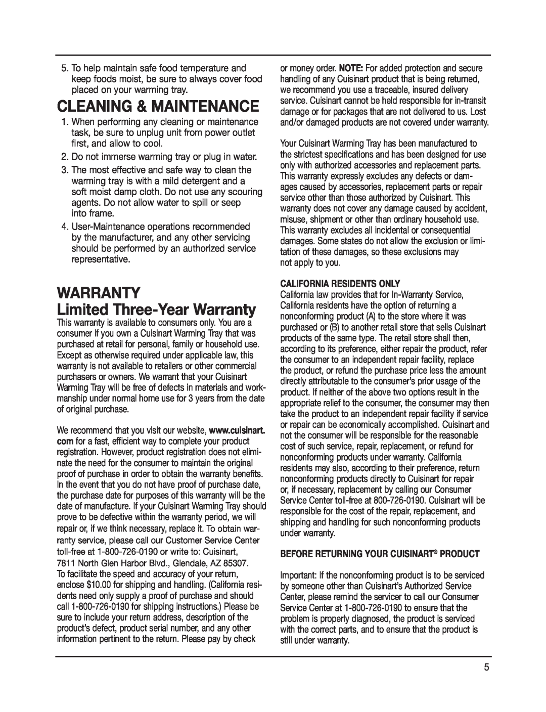 Cuisinart CWT-240 manual Cleaning & Maintenance, Limited Three-Year Warranty, California Residents Only 