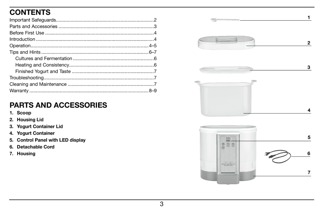 Cuisinart CYM-100, Cuisinart Electronic Yogurt Maker with Automatic Cooling manual Contents, Parts and Accessories 