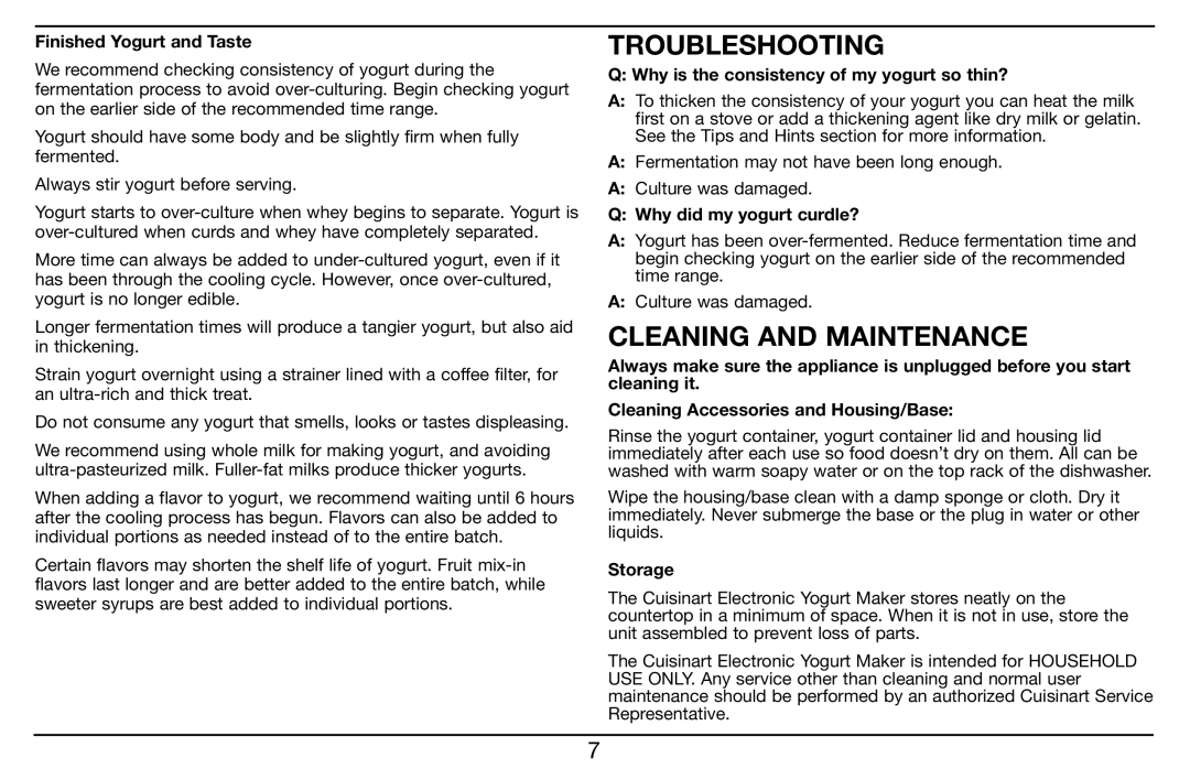 Cuisinart CYM-100, Cuisinart Electronic Yogurt Maker with Automatic Cooling manual Troubleshooting, Cleaning and Maintenance 