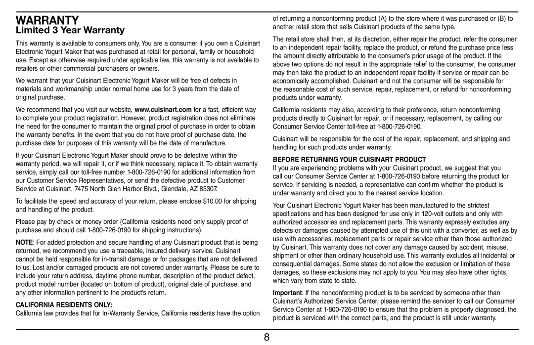 Cuisinart Cuisinart Electronic Yogurt Maker with Automatic Cooling, CYM-100 manual Limited 3 Year Warranty 