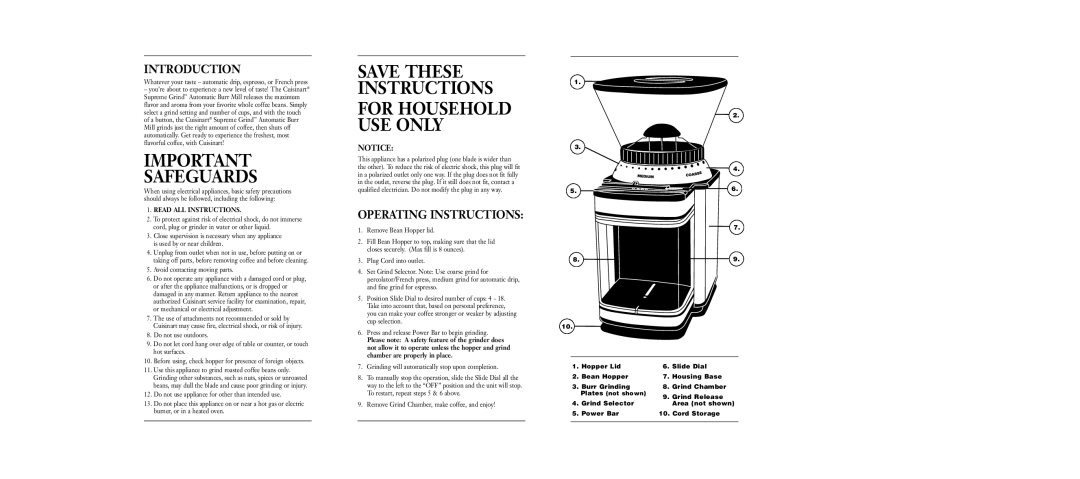 Cuisinart DBM-8 warranty Safeguards, For Household USE only, Introduction, Operating Instructions, Read ALL Instructions 